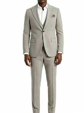 Tan Birdseye Double Breasted Vest Peak Lapel Skinny Fit Men's Suit